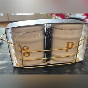 Gold and White Salt and Pepper canisters with rack 3” or use for other storage